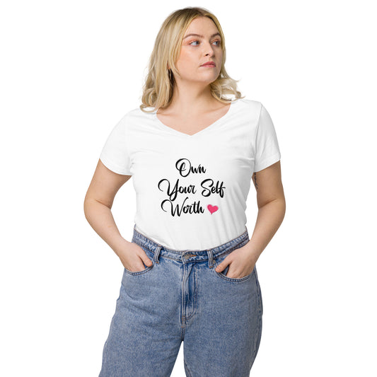 Own your self worth v-neck white t-shirt